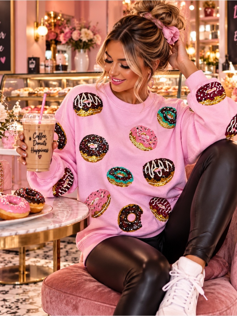 Workshop Republic Clothing Pink Donut Sequin Crewneck Sweatshirt